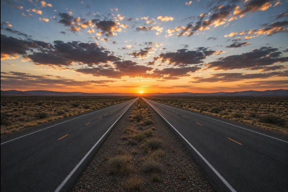 Two lanes of highway running side by side toward a single point on the horizon at sunset